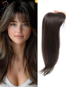 优雅夹式假发片，带刘海，360° 立体覆盖，蓬松直发合成假发片，适合头发稀疏人群，发夹式，假发片，夹式刘海