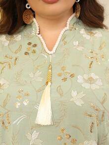 2026 New Style Ramadan Traditional Elegant Floral Embroidered Beaded V-Neck Dress With Tassel Trim For Women - Green - View 3