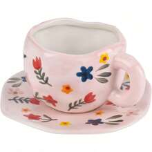 Ceramic Coffee Mug With Saucer Set, Cute Creative Cup Unique Irregular Design For Office And Home, Dishwasher And Microwave , 10 Oz/300 Ml For Latte Tea Milk (Red Heart) - 花的 - 查看 1
