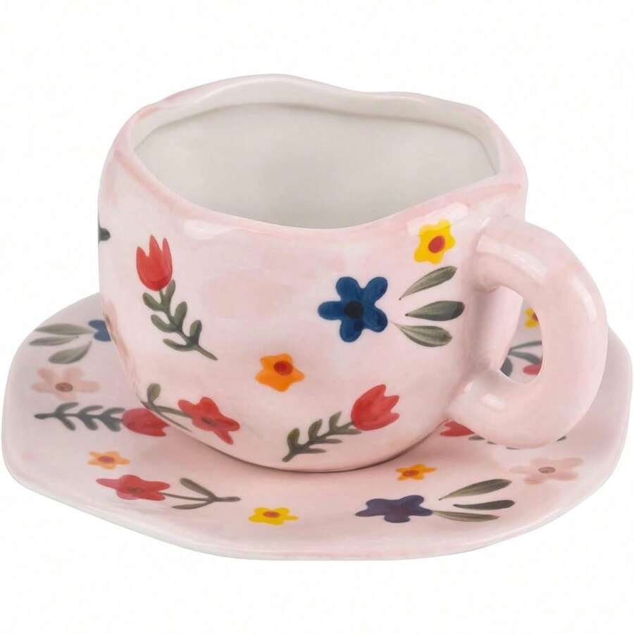 Ceramic Coffee Mug With Saucer Set, Cute Creative Cup Unique Irregular Design For Office And Home, Dishwasher And Microwave , 10 Oz/300 Ml For Latte Tea Milk (Red Heart) - 花的 - 查看 1