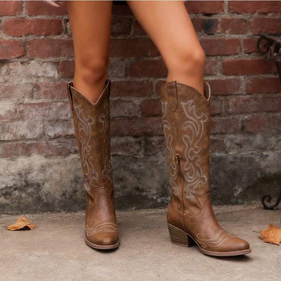 Women's Mid Calf Cowgirl Boots Cowboy Boots Pointed Toe Fashion Slip-On Chunky Heel Embroidery Stitched Western Camel Boots For Festival Party Shoes - 棕色 - 查看 1