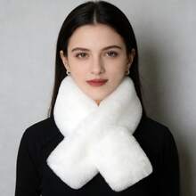 1Pc Plush Cross Scarf - Faux Rabbit Fur Thickened Soft Solid Color Neck Warmer For Women | Perfect For Self-Use & Gifting - 白色 - 查看 3