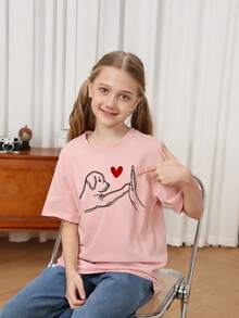 Tween Girl High Five 小狗印花圆领短袖 T 恤，夏季上衣 - 粉色 - 查看 2