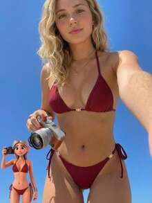 New Solid Color Chain Decor Sexy High Stretch Shiny Fabric Halter Women Swimsuit Set - Burgundy - View 6