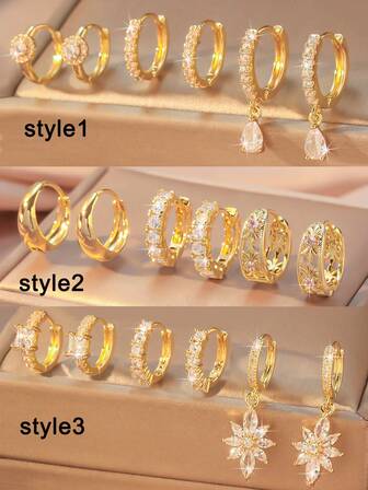 Set de 6 piezas de aretes chapados en oro con circonita cúbica - Incluye aretes de aro y aretes colgantes con diseño de lágrima/flor, con circonita micro-incrustada de lujo, versátil para uso diario y para ir al trabajo, estilo elegante