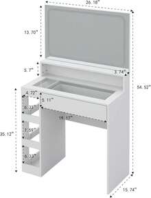 CollaredEagle Vanity Desk With Illuminated Mirror & Power Outlet, Bedroom Dresser LED Mirror Stepless Dimmable & 3 Color Modes Adjustable, LED Tempered Glass Top, Large-Capacity Storage Shelving - trắng - Xem 2