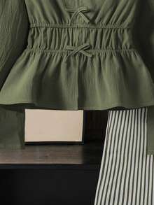 Left Mama 2pcs Girls Casual Bow V-Neck Long Sleeve Top And Striped Straight Pants Set, Spring/Autumn - Army Green - View 5