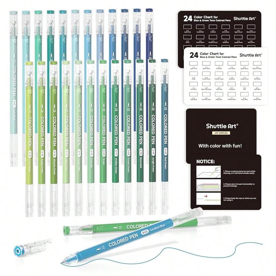 Shuttle Art Colored Pens, 24 Blue & Green Tone Colors Cute Journal Pens 0.6mm Fine Point Colored Gel Pens For Black Paper Adult Coloring Writing Drawing Journaling Note TaFKing Schoolsss Office Home - 24色 - 查看 1