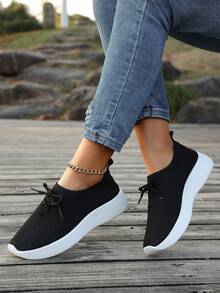 Women's Lace-Up Mesh Breathable Athletic Sneakers, Knit Upper, Casual Commuting Outdoor Walking Shoes, Soft Sole Non-Slip Lightweight Running Shoes, Spring/Autumn - Black - View 2