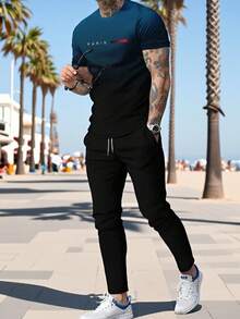 男士休闲日常装 - 男士短袖T恤+裤子套装，两件套西装 - 彩色 - 查看 3