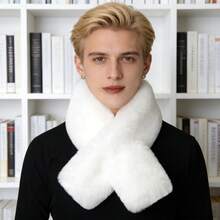 1Pc Plush Cross Scarf - Faux Rabbit Fur Thickened Soft Solid Color Neck Warmer For Women | Perfect For Self-Use & Gifting - 白色 - 查看 4