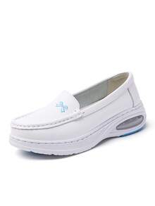 Zapatos de enfermera para mujeres, zapatillas casuales planas, suela con amortiguación suave antideslizante, mocasines de cuero negro, cómodos para estar de pie durante largas horas, adecuados para profesiones de belleza, medicina y enfermería - Blanco y azul - Ver 12