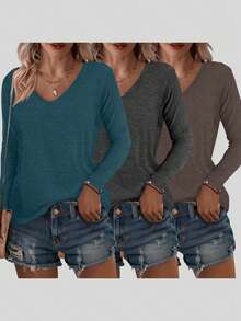3pcs Solid Color V-Neck Long Sleeve Casual Loose Tops, Women Spring - Multicolor - View 2