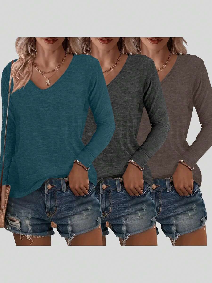 3pcs Solid Color V-Neck Long Sleeve Casual Loose Tops, Women Spring