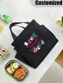 1pc Customized Name Nurse Tote Bag, Personalized Nurse Theme Lunch Bag, Custom Name, Heartbeat & Stethoscope Print Design - Multicolor - View 5