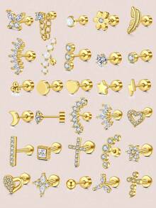 一套20G镀金耳钉，扁平不锈钢蝴蝶、蛋白石、珍珠、花朵、太阳、蛇形十字架、立方氧化锆耳钉，扁平耳骨螺旋耳环，女士扁平耳环，低过敏性立方氧化锆耳环，耳骨螺旋耳环 - 金色-2 - 查看 5