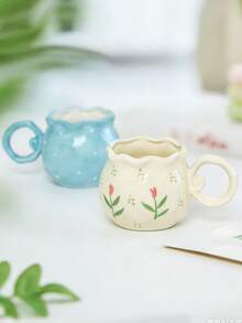 1pc Creative Handmade Asymmetrical Shaped Mug With Round Handle, Ceramic Milk/Coffee Cup With Floral Relief Design, Home Use - Multicolor - View 4