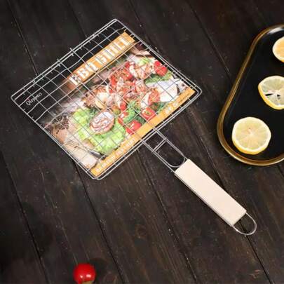 2/1件装不锈钢折叠烧烤篮，户外烹饪工具及配件，烧烤工具，烤架，烤盘，厨房工具，可拆卸便携式鱼菜架，户外烧烤配件 | 可拆卸手柄 | 不锈钢篮，户外烧烤配件，大容量便携式烧烤篮 - 耐用金属和木材设计，适用于烤鱼、鸡翅等