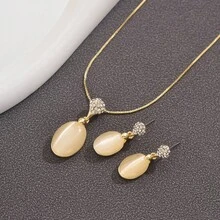 Conjunto de collar y aretes con colgante de piedra ojo de gato y cadena de caja, aretes de oro hechos a mano para mujeres bohemias, oro rosa - Oro rosa - Ver 6
