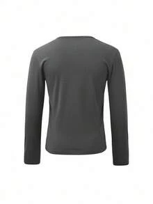 Sweet & Cool Plaid Patchwork V-Neck Long Sleeve T-Shirt, Slim Fit Layering Top, Spring/Summer - Grey - View 8