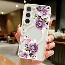 Fashion Purple Floral Large Hole Transparent Magnetic Wireless Charging Compatible With IPhone 17 Air 16 15 14 13 12 11 Pro Max/17 16 15 14 Plus X/XS Max Phone Case Compatible With Samsung S22 S23 S24 S25 Ultra/Plus/FE/+ Matte Edge Shockproof Protective Case - màu đen - Xem 3