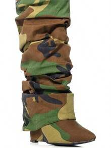 Women's Slouched Ruched Fold Over Boots - Patent Leather Covered Wedge Heel Wide Calf Pointed Toe Knee High Casual Boots - Camouflage - 查看 3
