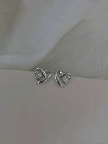 Heart Intertwined Stud Earrings For Women, Sweet Rhinestone Inlaid Love Earrings, Fashion Light Luxury Heart Design Earrings, Elegant Versatile Delicate Minimalist Ear Jewelry