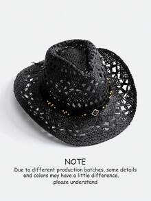 1pc Solid Color Bohemian Casual Hollow Out Decor UV Protection Woven Panama Hat, Western Cowboy Sun Hat, Versatile For All Seasons - Butterfly - View 44