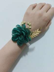 1pc Women's Wrist Camellia Flower Bracelet With Golden Leaf & Pearl Decor, Bridal Bridesmaid Bracelet For Wedding, Party, Daily Wear