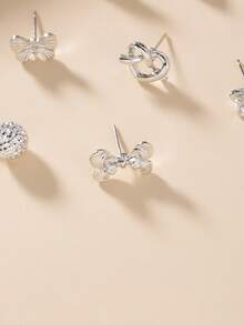 30 Pairs Assorted Fashionable Minimalist Metal Rhinestone Bow, Heart, Star Stud Earrings Set, Cute & Simple Design For Daily, Casual, Holiday Wear, Gift - Silver - View 4