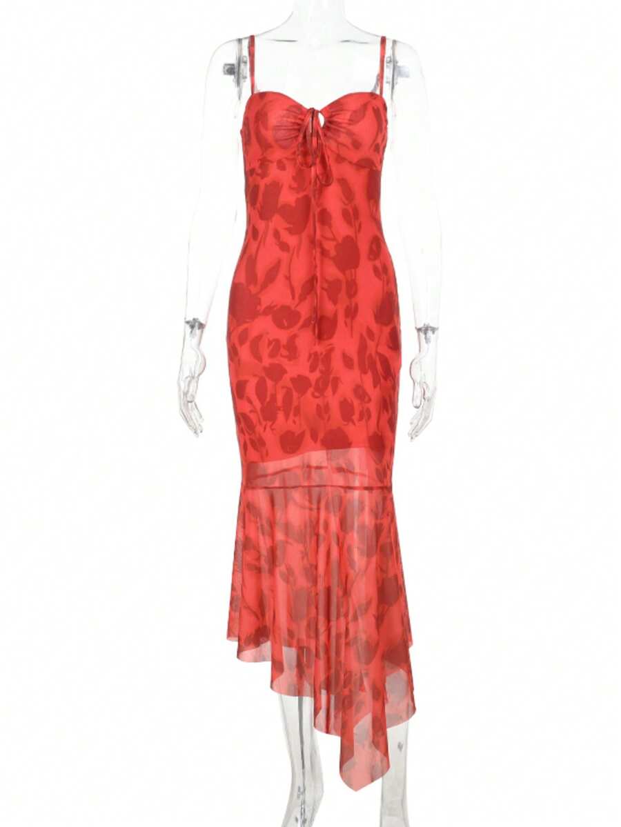 Asymmetric Summer Dress With All-Over Print And Tie Design, Suitable For Parties And Cocktail Events - Red - View 1