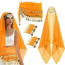 1 Belly Dance Set,Hand-Sewn Golden Coin Belly Dance Hip Scarf With Chiffon Bandana & Wrist Bracelets, Belly Dance Accessories - Multicolor - View 14