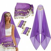 1 Belly Dance Set,Hand-Sewn Golden Coin Belly Dance Hip Scarf With Chiffon Bandana & Wrist Bracelets, Belly Dance Accessories - Multicolor - View 15