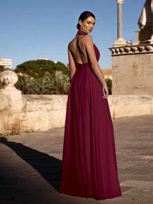 纯色针织露背连体裤，适合婚礼、节日、派对等场合 - 酒紅色 - 查看 3