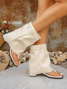 1 Pasang Sandal Jepit Jari Kaki, Ujung Terbuka, Desain Sepatu Bot Jepit Jari Kaki, Menggabungkan Sirkulasi Udara Sandal dan Gaya Sepatu Bot, Sepatu Bot Gesper Kulit Mikrofiber Bohemian Warna Solid, Sepatu Pesta untuk Semua Musim, Disarankan Memesan Ukuran Setengah Lebih Besar - Putih - View 7