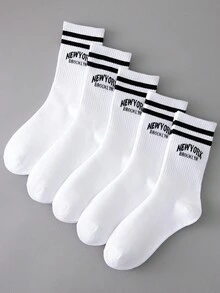 5双装女士/情侣袜，纯色运动中筒袜，纽约字母和双条纹装饰，亲肤柔软舒适复古时尚百搭袜，适合日常生活、假期、返校、校园、运动、课堂、新学期、学生、旅行等场合。 - 彩色 - 查看 6