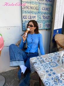 Cárdigan casual de mujer HoloChill con cuello redondo y botones de contraste, nueva llegada versátil - Azul - Ver 3