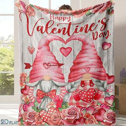1 Manta de franela del Día de San Valentín. Impresión artística de un gnomo del Día de San Valentín en acuarela. Adorable pareja de gnomos con forma de corazón con rosas y corazones, adecuado para cónyuges, Día de San Valentín, cumpleaños, regalos románticos, perfecto para todas las estaciones