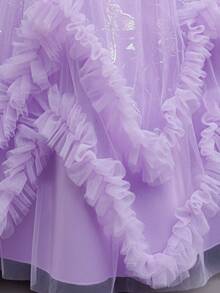 Young Girls' Party Dress, Printed, Glitter, Fluffy Tulle, Elegant Formal Ball Gown, Princess Dress - Mauve Purple - View 6