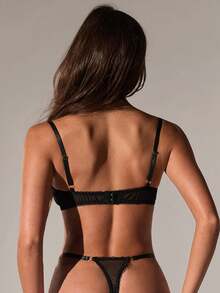SHEIN BAE 3pcs/Set Sexy Lace Lingerie Set For Women (Wire-Free Bra + Garter Belt + Thong) For Going Out - Black - View 2