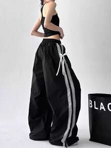 时尚轻薄夏季长裤，2025秋季新款蕾丝边宽松街舞高腰阔腿裤 - 黑色 - 查看 2