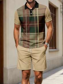 Men's Casual Plaid Polo Shirt And Shorts Set, Summer - Multicolor - View 1