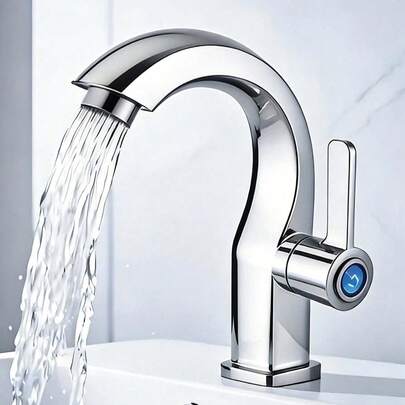 现代单孔浴室洗脸盆龙头，单冷水面盆龙头带侧喷头，镀铬表面，符合人体工学的弧形出水嘴设计，陶瓷阀芯，塑料材质，安装简便且防漏，现代波西米亚风格，适用于浴室洗脸盆、酒店和住宅，现代浴室和房车洗脸盆配件，理想礼品