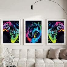 3 pièces/set Affiches sur canevas thème jeux vidéo, Œuvre murale thème jeux vidéo, Cadeau idéal pour les joueurs, garçons, adolescents, chambre, dortoir, décoration de maison, Œuvre murale casque de jeu coloré, Peinture sur canevas, Chambre, Salon, Couloir - multicolore - Voir 2
