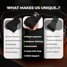 WYOX Vendas de Gel Boxeo, Guantes Interiores para Hombre y Mujer, Correa de muñeca de 80 cm, Soporte Acolchado para Nudillos, Vendas sin Dedos para Entrenamiento de MMA - S/M-Negro - Ver 6