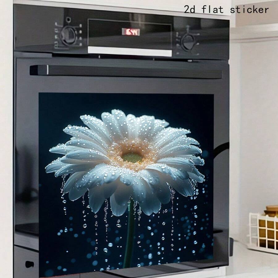 1 pieza Hermosa pegatina decorativa para horno y lavavajillas de cocina con flor blanca, mariposa y pájaro. Mariposas que bailan con gracia y flores en floración que te harán amar la cocina - Azul y blanco - Ver 1