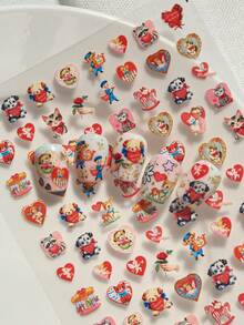 A Valentine's Day Themed Nail Sticker With Embossed Texture, Featuring Cute And Loving Pets, Romantic Elements Such As Small Animals, Gift Boxes, Flowers, Bows, Etc., Suitable For Personal DIY And Creating Sweet And Cute Nail Art Styles