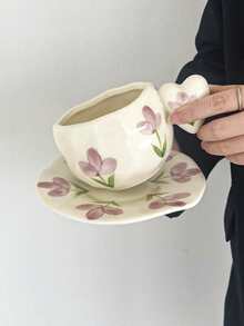 1 bộ cốc cà phê và đĩa lót bằng gốm sứ cao cấp họa tiết hoa tulip tím kiểu dáng Ins, cốc và đĩa tráng men vẽ tay, cốc đựng sữa ăn sáng, đĩa đựng bánh mì, cốc nước văn phòng, cốc Latte Art, cốc đựng nước ép, cốc nước cho cặp đôi, quà tặng ngày lễ cho gia đình và bạn bè - Nhiều màu - Xem 4