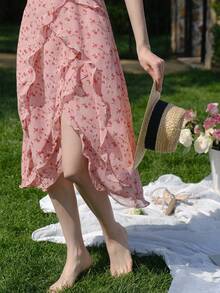 Đầm dáng suông họa tiết hoa nhí, viền bèo nhún, màu hồng mùa hè, thanh lịch. - Hồng - Xem 4