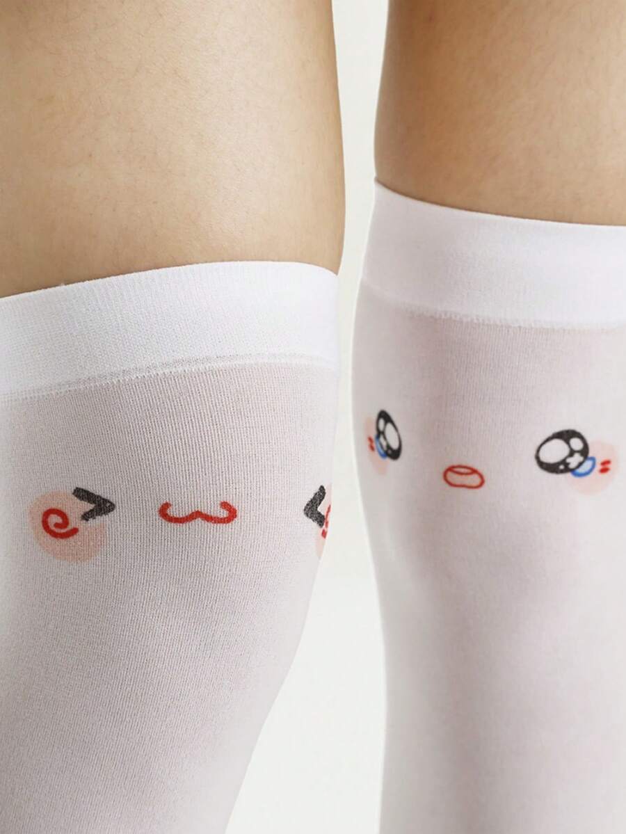 1 Pair Cute Shy Face Print Over-The-Knee Socks, Anime/Manga Style, Summer